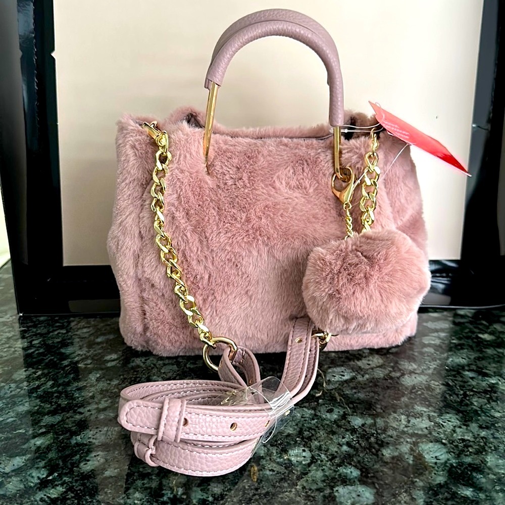 Plush Faux Fur Top-Handle Crossbody Bag - Pink